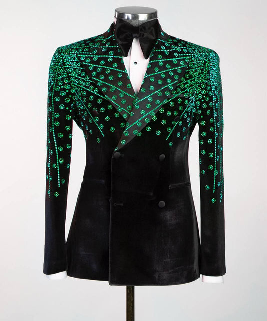 Black Velvet Tuxedo, Green Rhinestone, Double-Breasted