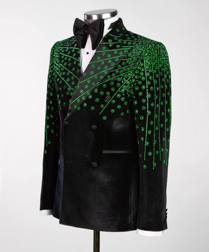 Black Velvet Tuxedo, Green Rhinestone, Double-Breasted