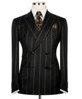 Luxury men's black double-breasted pinstripe suit with matching trousers, premium craftsmanship, and an elegant formal design.