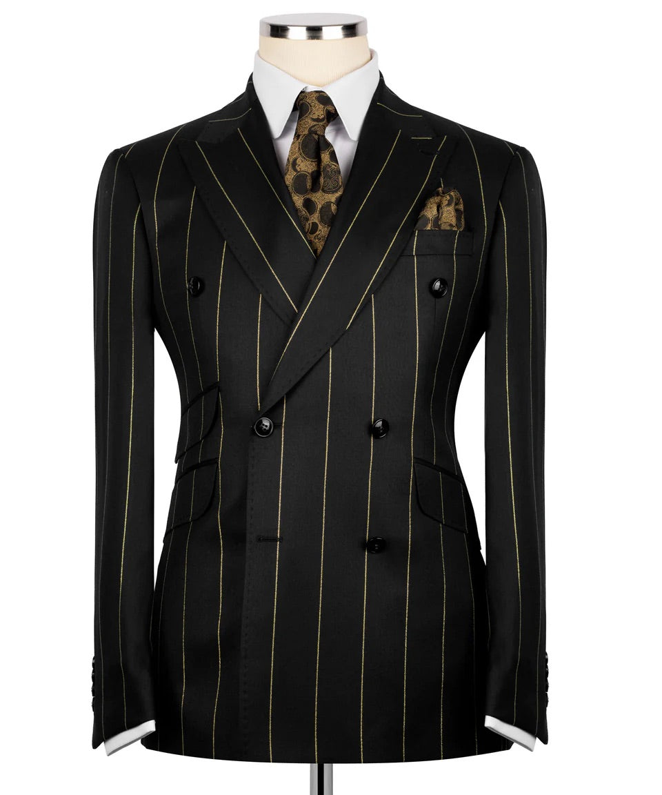 Luxury men's black double-breasted pinstripe suit with matching trousers, premium craftsmanship, and an elegant formal design.