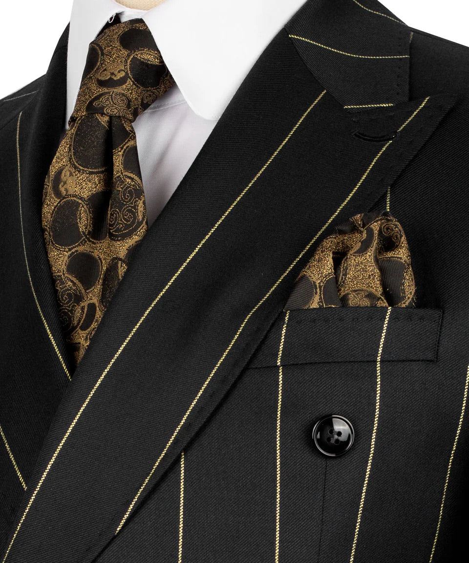 Luxury men's black and gold double-breasted pinstripe suit with matching trousers, premium craftsmanship, and an elegant formal design.