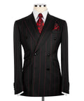 Luxury men's black and red double-breasted pinstripe suit with matching trousers, premium craftsmanship, and an elegant formal design.