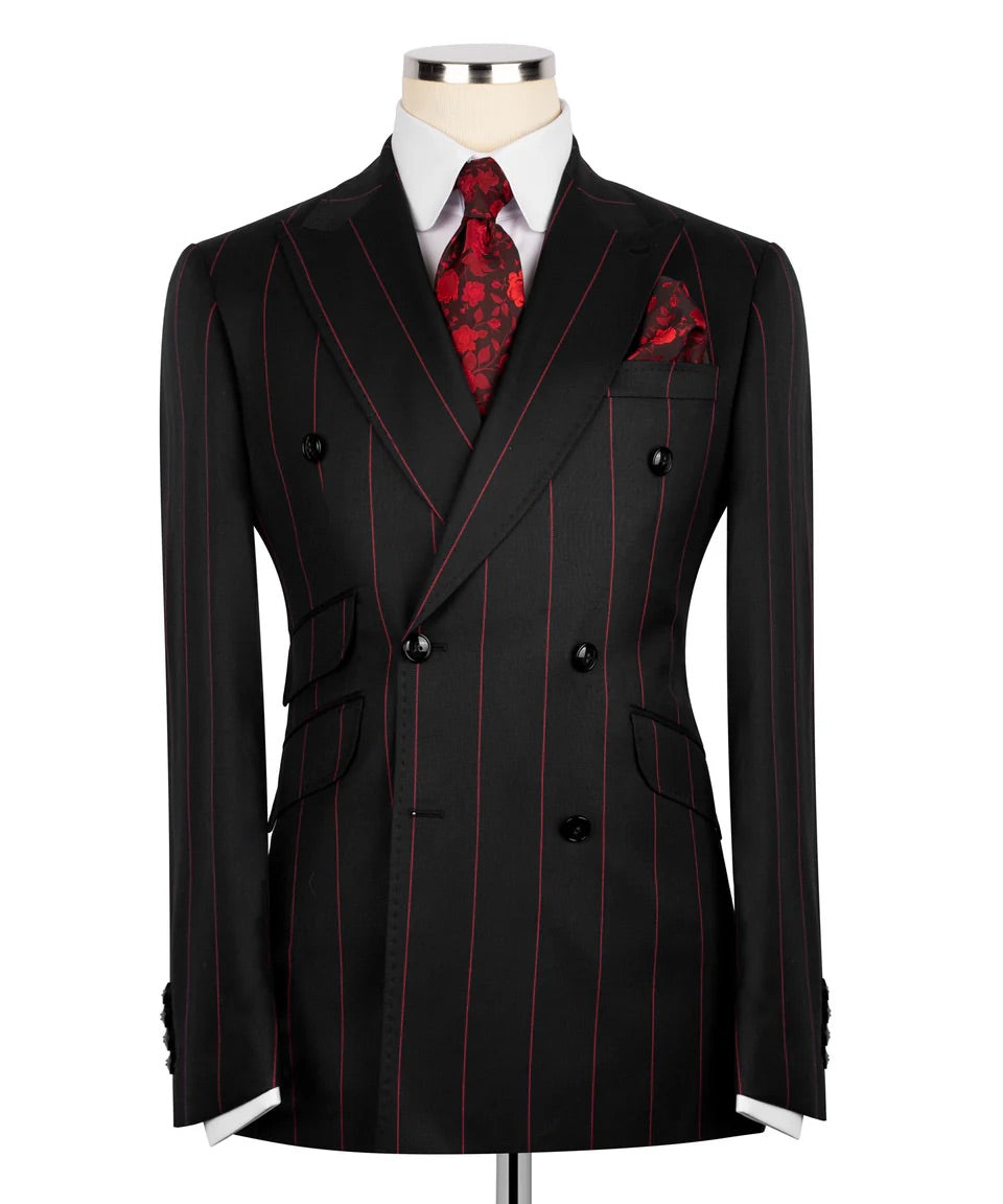 Luxury men's black and red double-breasted pinstripe suit with matching trousers, premium craftsmanship, and an elegant formal design.
