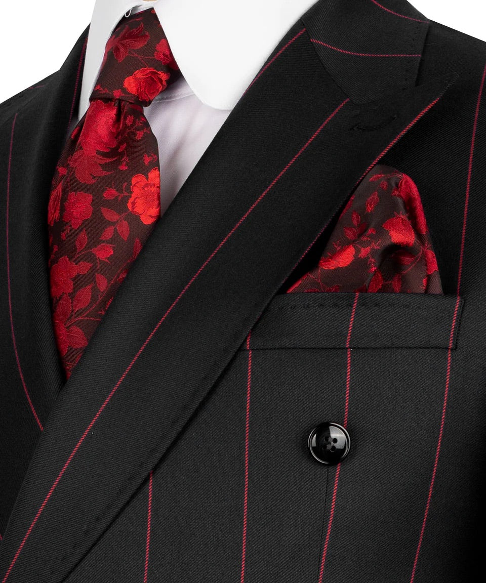 Luxury men's black and red double-breasted pinstripe suit with matching trousers, premium craftsmanship, and an elegant formal design.