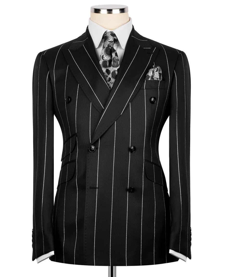 Luxury men's black double-breasted pinstripe suit with matching trousers, premium craftsmanship, and an elegant formal design.