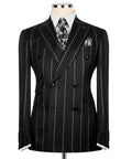 Luxury men's black double-breasted pinstripe suit with matching trousers, premium craftsmanship, and an elegant formal design.