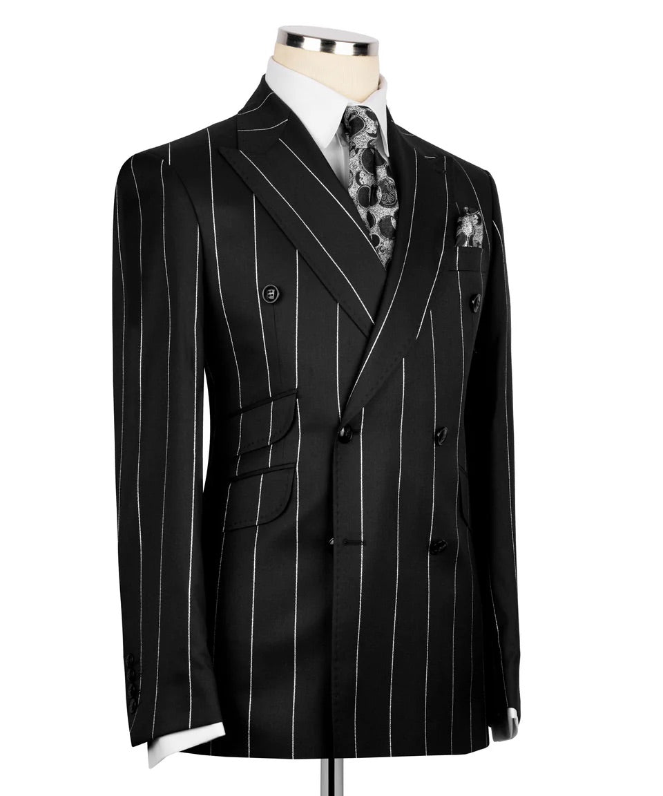 Men's Double-Breasted Pinstripe Suit-Black