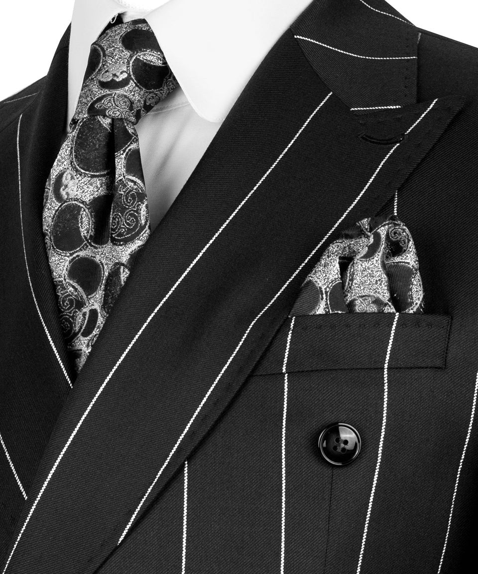 Luxury men's black and white double-breasted pinstripe suit with matching trousers, premium craftsmanship, and an elegant formal design.