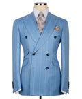 Luxury men's double-breasted blue pinstripe suit featuring premium tailoring and a sophisticated formal design.
