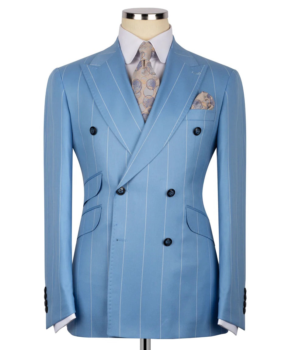 Luxury men's double-breasted blue pinstripe suit featuring premium tailoring and a sophisticated formal design.