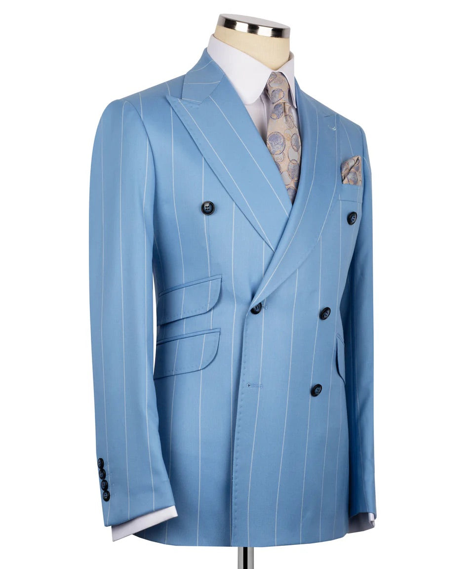 Men's Double-Breasted Pinstripe Suit-Blue