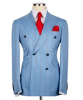 Luxury men's blue double-breasted pinstripe suit with matching trousers, premium craftsmanship, and an elegant formal design.