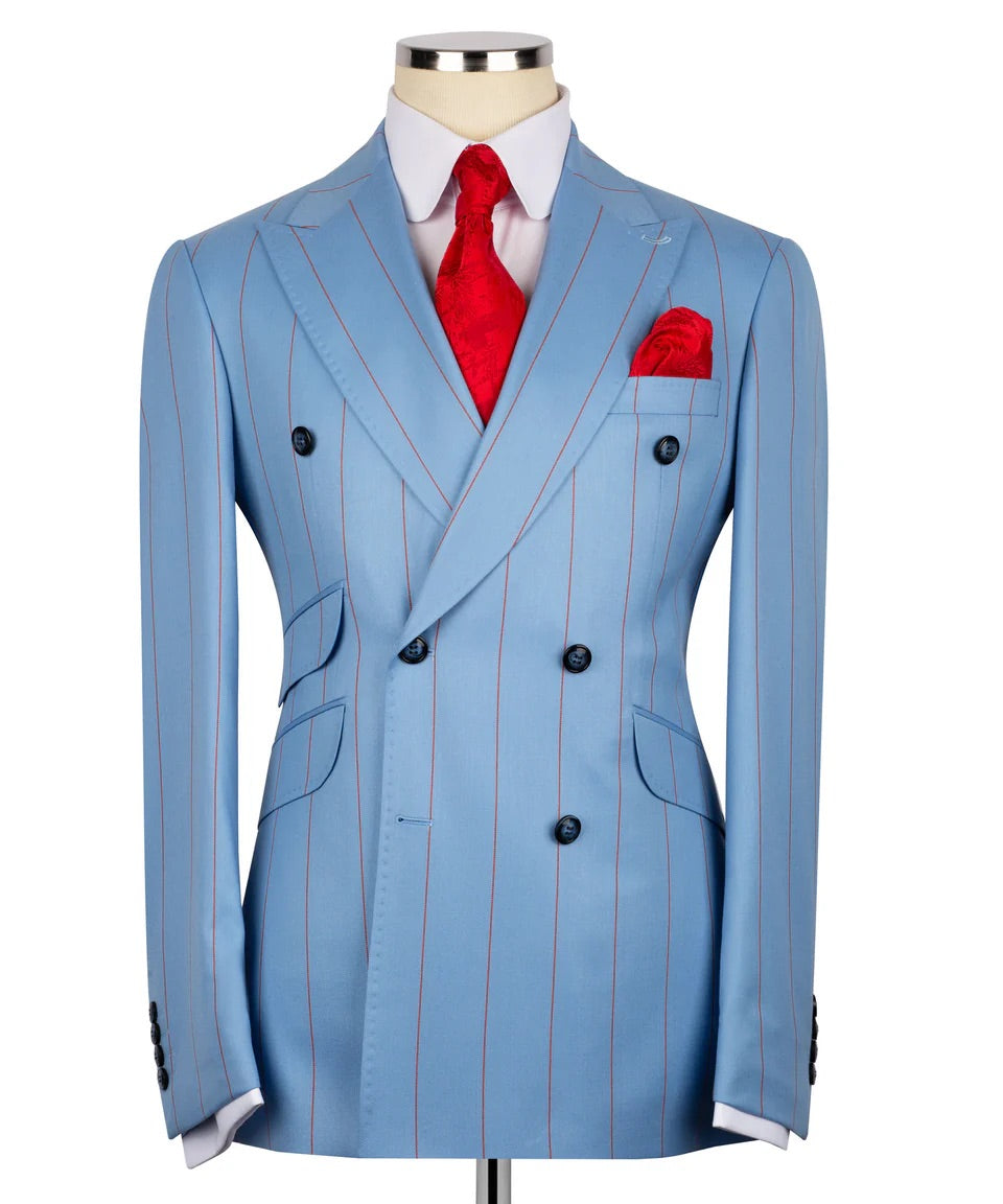 Luxury men's blue double-breasted pinstripe suit with matching trousers, premium craftsmanship, and an elegant formal design.