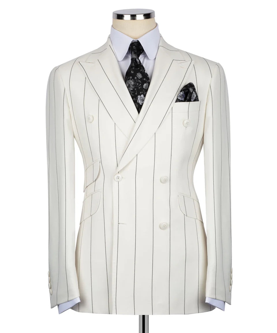 Luxury Cream men's double-breasted pinstripe suit featuring premium tailoring and a sophisticated formal design.
