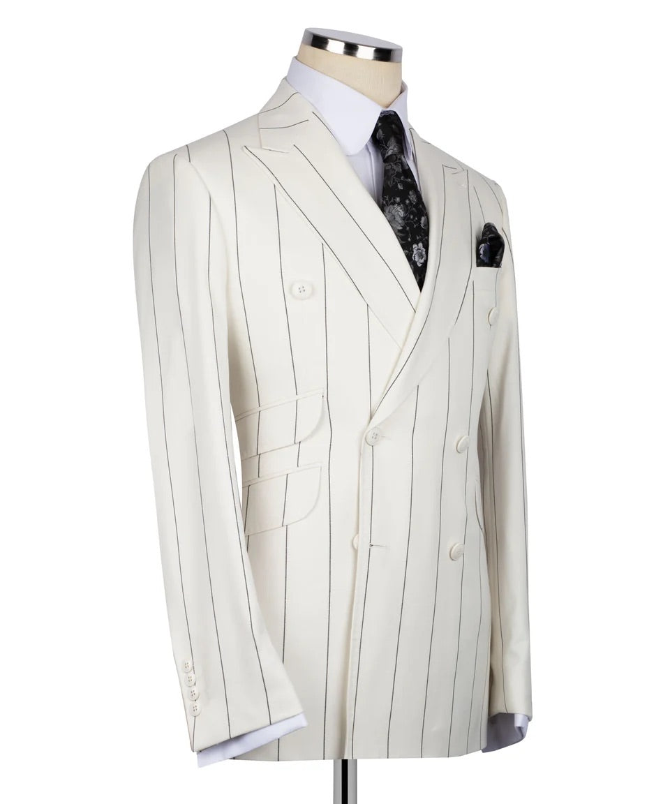 Men's Double-Breasted Pinstripe Suit-Cream Beige