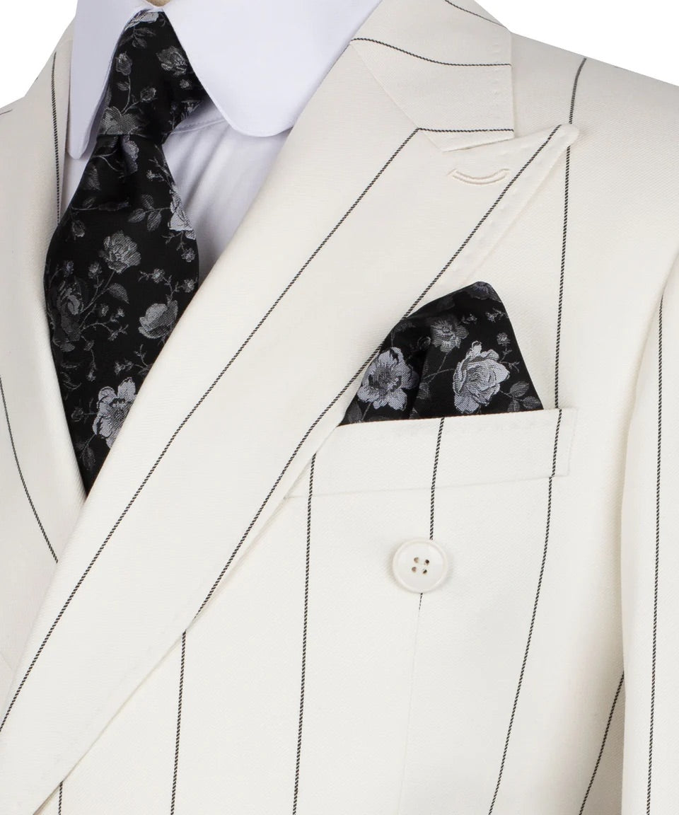 Men's Double-Breasted Pinstripe Suit-Cream Beige