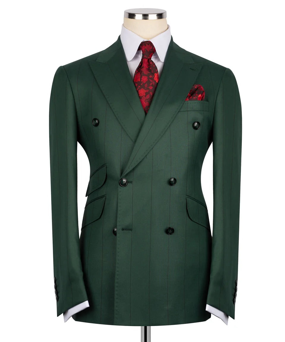 Luxury men's green double-breasted pinstripe suit with matching trousers, premium craftsmanship, and an elegant formal design.