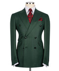 Luxury men's green double-breasted pinstripe suit with matching trousers, premium craftsmanship, and an elegant formal design.