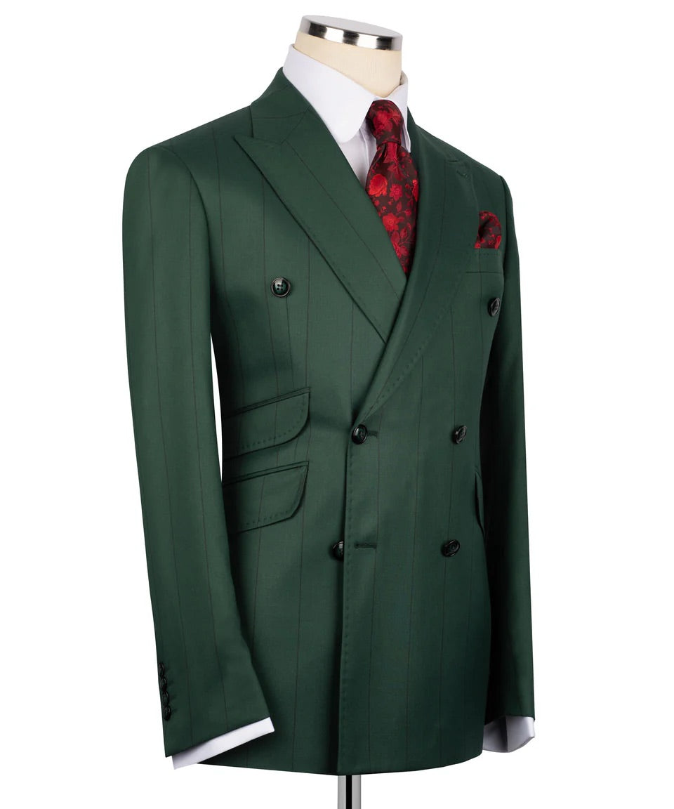 Men's Double-Breasted Pinstripe Suit-Green