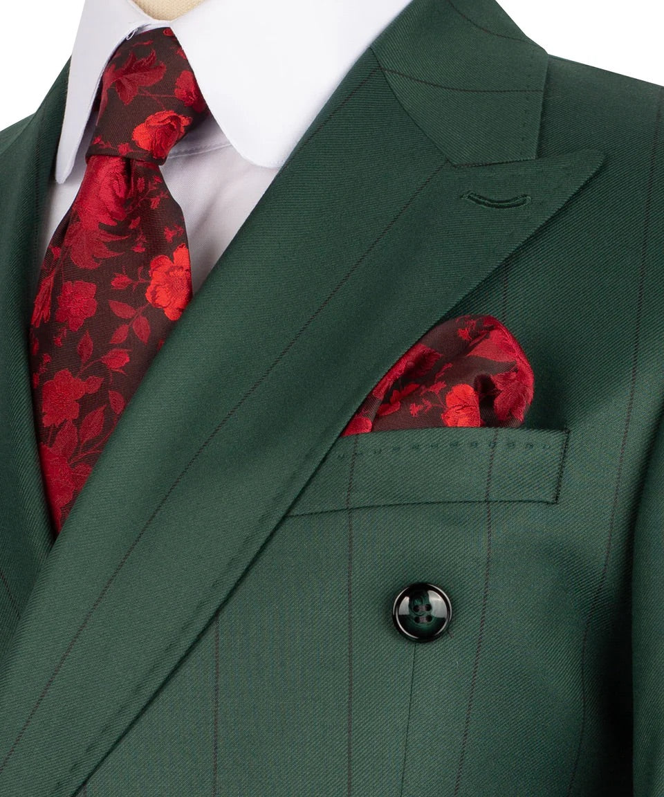 Luxury men's green double-breasted pinstripe suit with matching trousers, premium craftsmanship, and an elegant formal design.