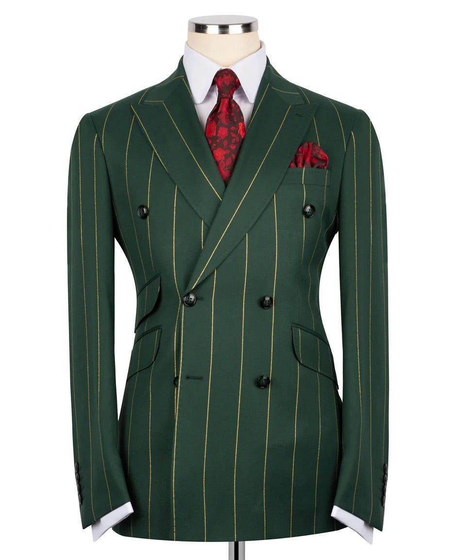 Luxury men's green double-breasted pinstripe suit with matching trousers, premium craftsmanship, and an elegant formal design.