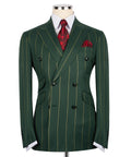 Luxury men's green double-breasted pinstripe suit with matching trousers, premium craftsmanship, and an elegant formal design.