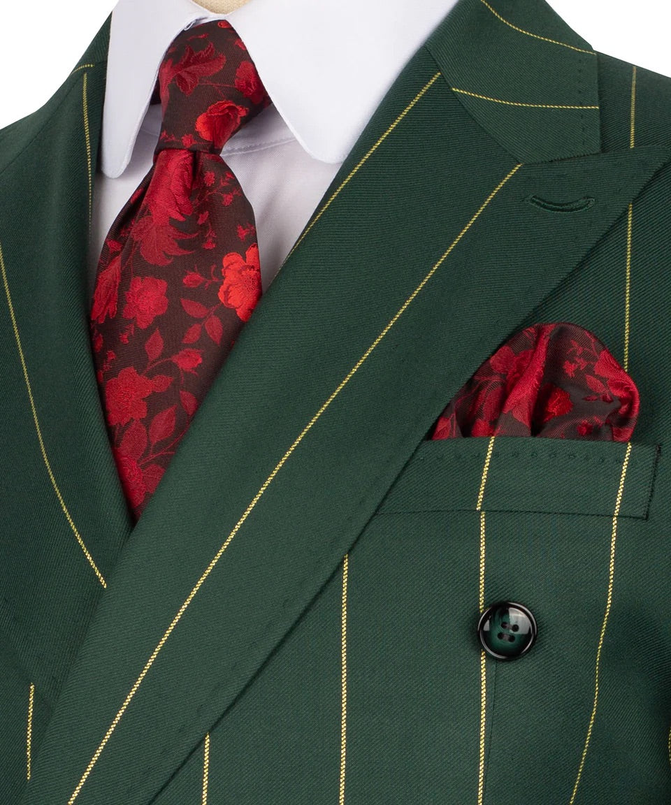 Luxury men's green double-breasted pinstripe suit with matching trousers, premium craftsmanship, and an elegant formal design.