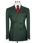 Luxury men's green double-breasted pinstripe suit with matching trousers, premium craftsmanship, and an elegant formal design.