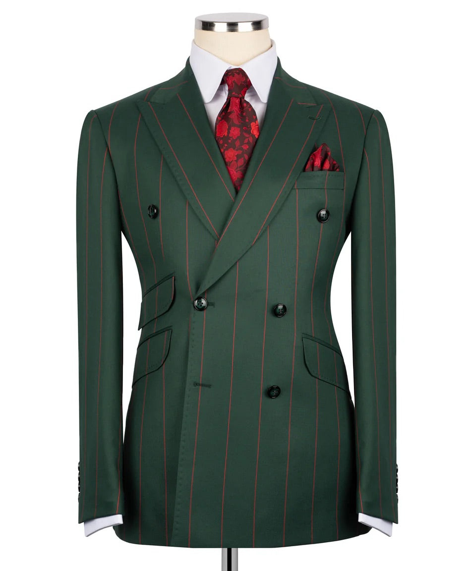 Luxury men's green double-breasted pinstripe suit with matching trousers, premium craftsmanship, and an elegant formal design.