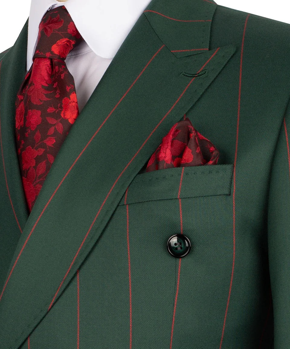 Luxury men's green double-breasted pinstripe suit with matching trousers, premium craftsmanship, and an elegant formal design.