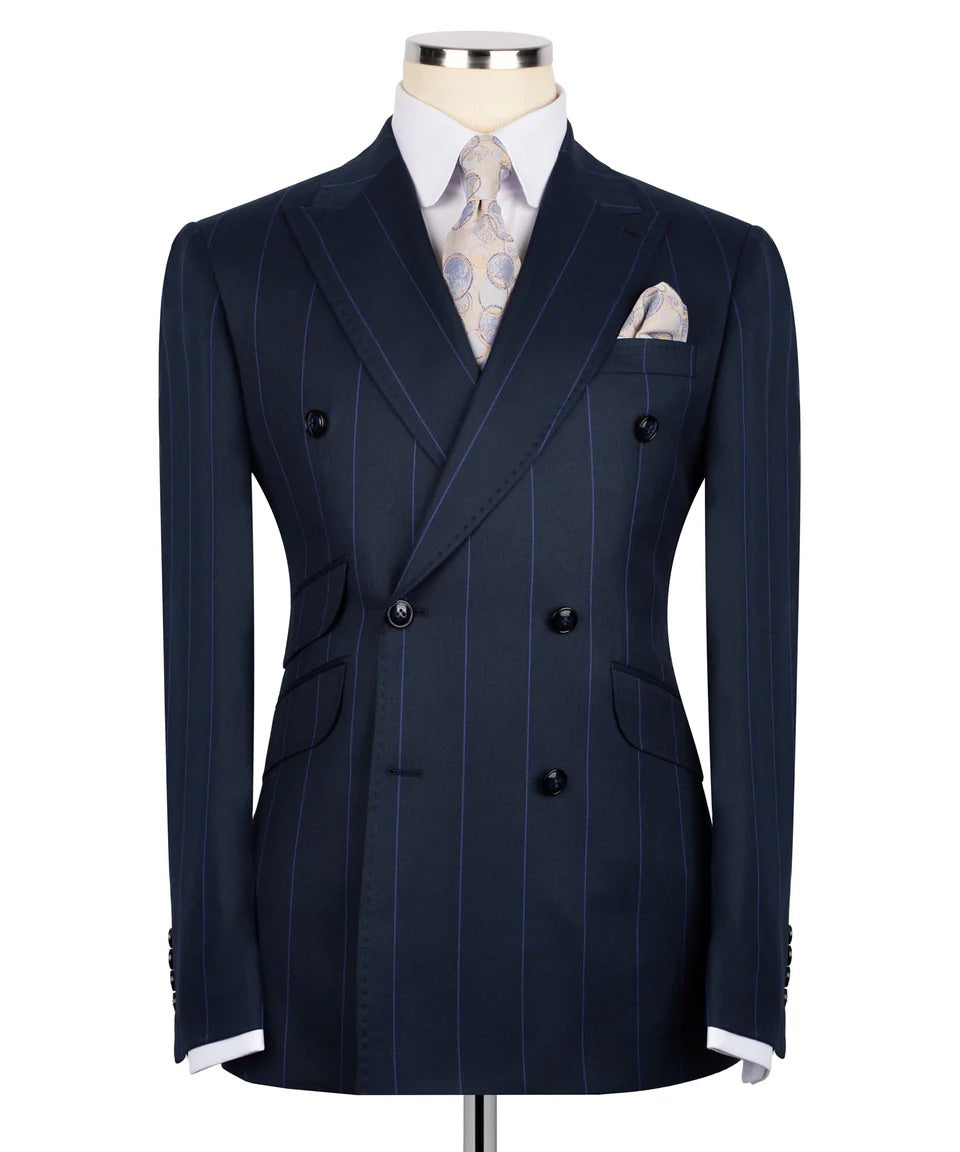 Luxury men's navy and blue double-breasted pinstripe suit with matching trousers, premium craftsmanship, and an elegant formal design.