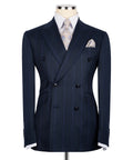 Luxury men's navy and blue double-breasted pinstripe suit with matching trousers, premium craftsmanship, and an elegant formal design.