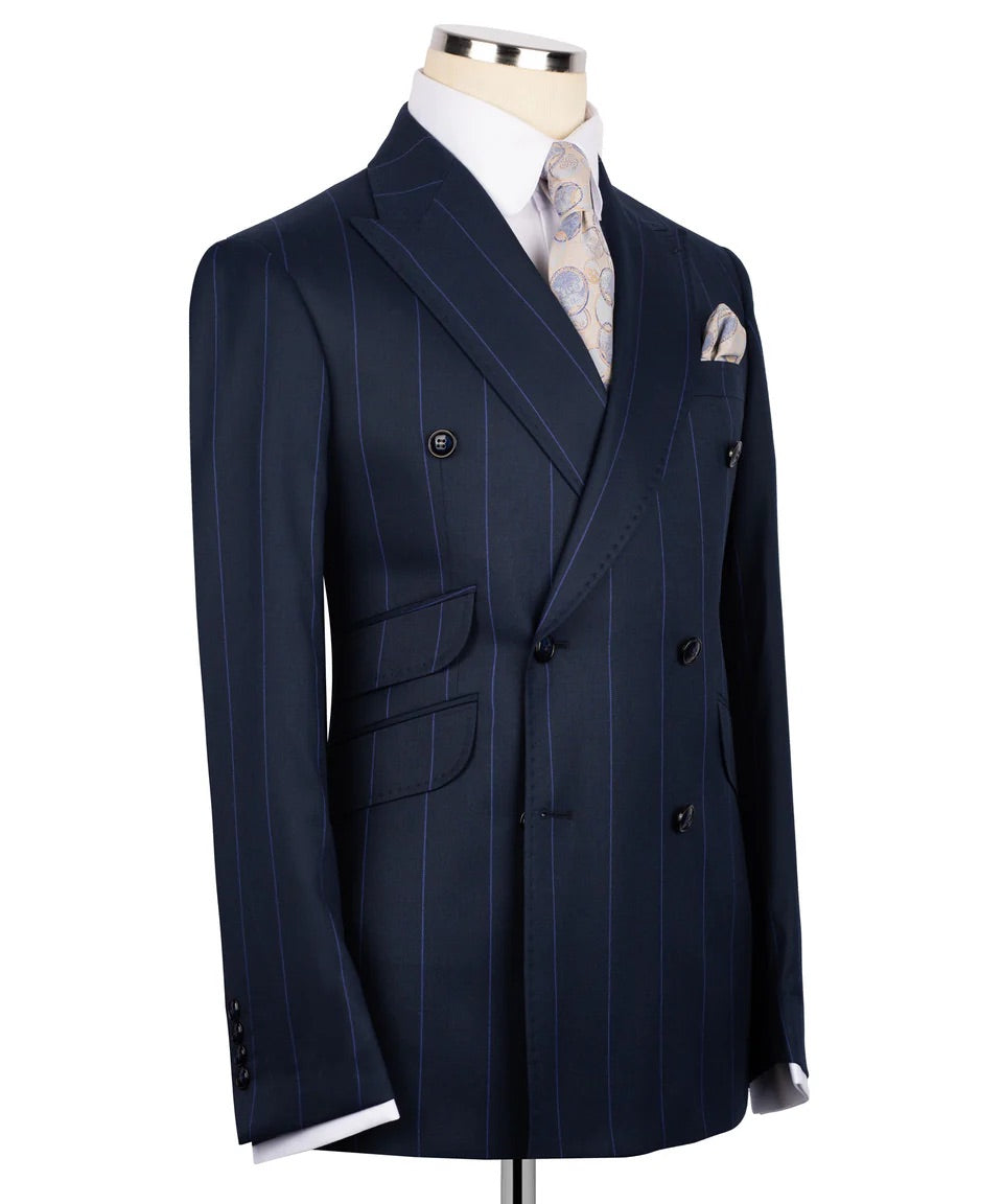 Men's Double-Breasted Pinstripe Suit-Navy