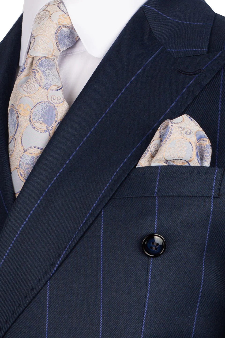 Luxury men's navy and blue double-breasted pinstripe suit with matching trousers, premium craftsmanship, and an elegant formal design.