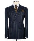 Luxury men's navy and gold double-breasted pinstripe suit with matching trousers, premium craftsmanship, and an elegant formal design.