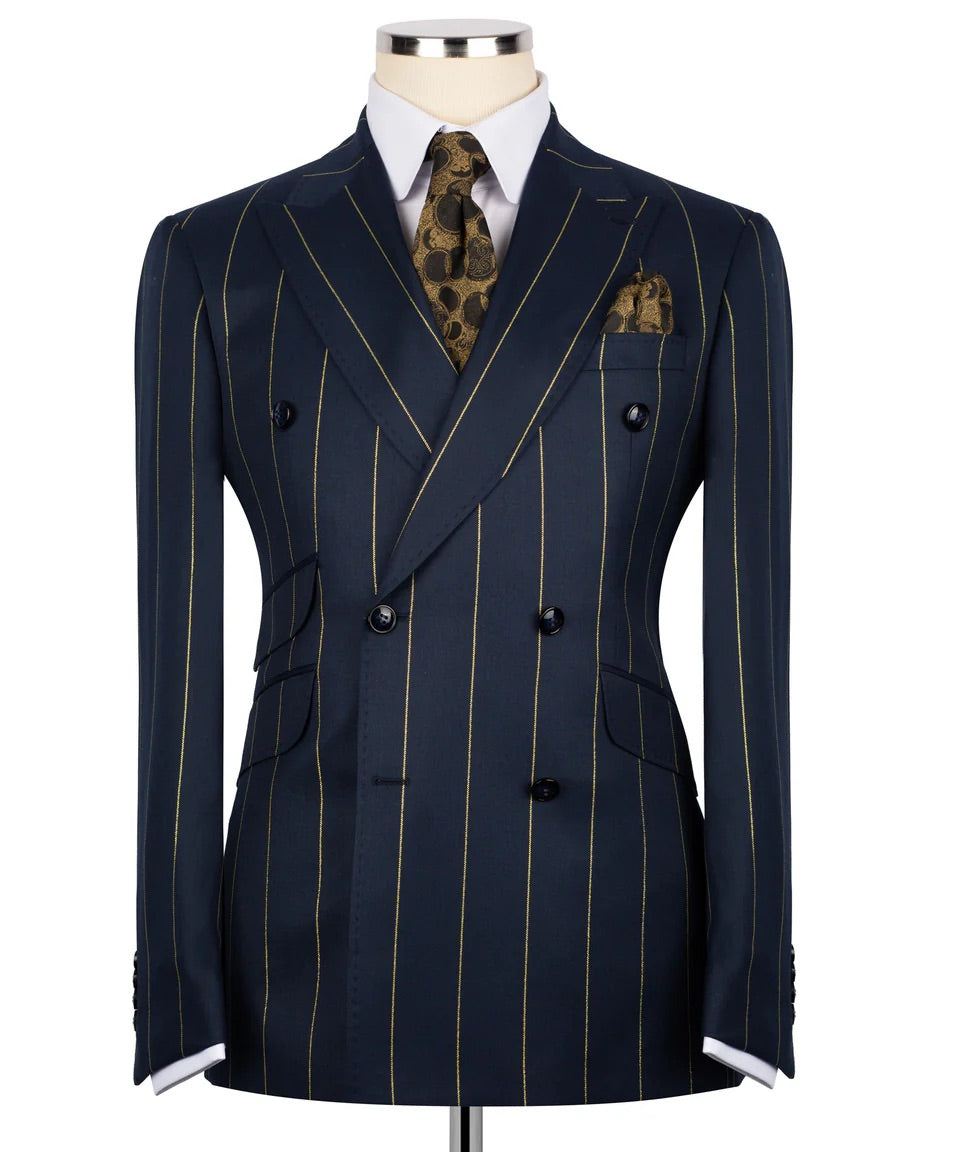 Luxury men's navy and gold double-breasted pinstripe suit with matching trousers, premium craftsmanship, and an elegant formal design.