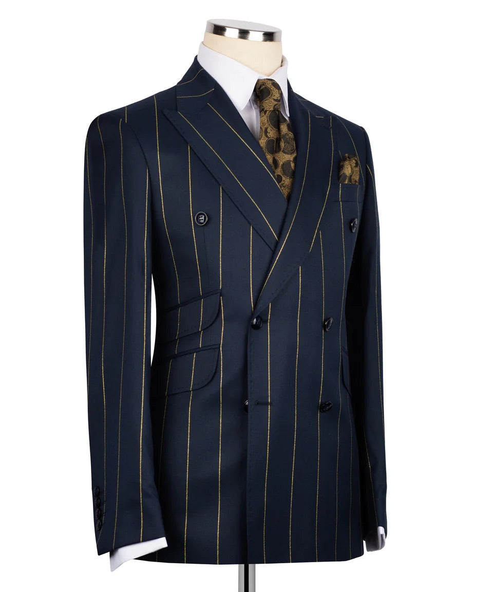 Men's Double-Breasted Pinstripe Suit-Navy
