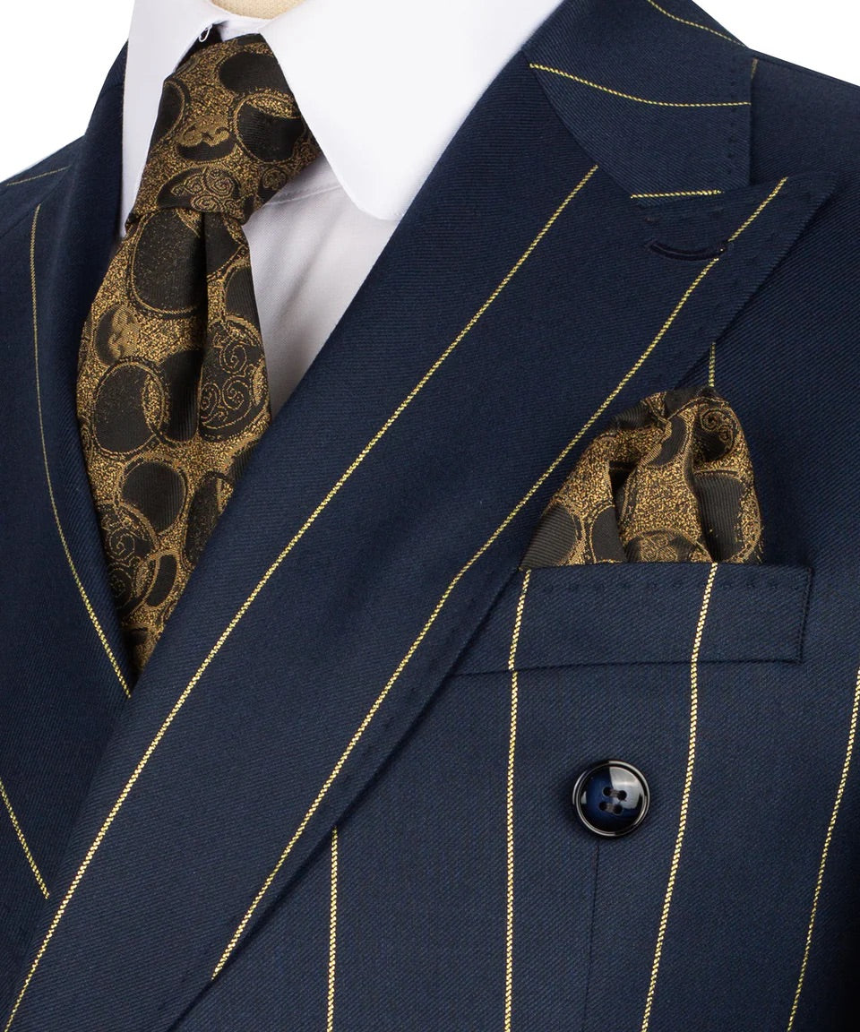 Men's Double-Breasted Pinstripe Suit-Navy