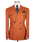 Luxury men's orange and black double-breasted pinstripe suit with matching trousers, premium craftsmanship, and an elegant formal design.