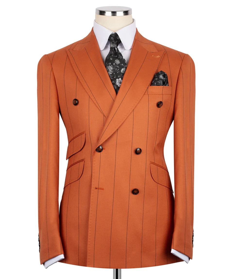 Luxury men's orange and black double-breasted pinstripe suit with matching trousers, premium craftsmanship, and an elegant formal design.