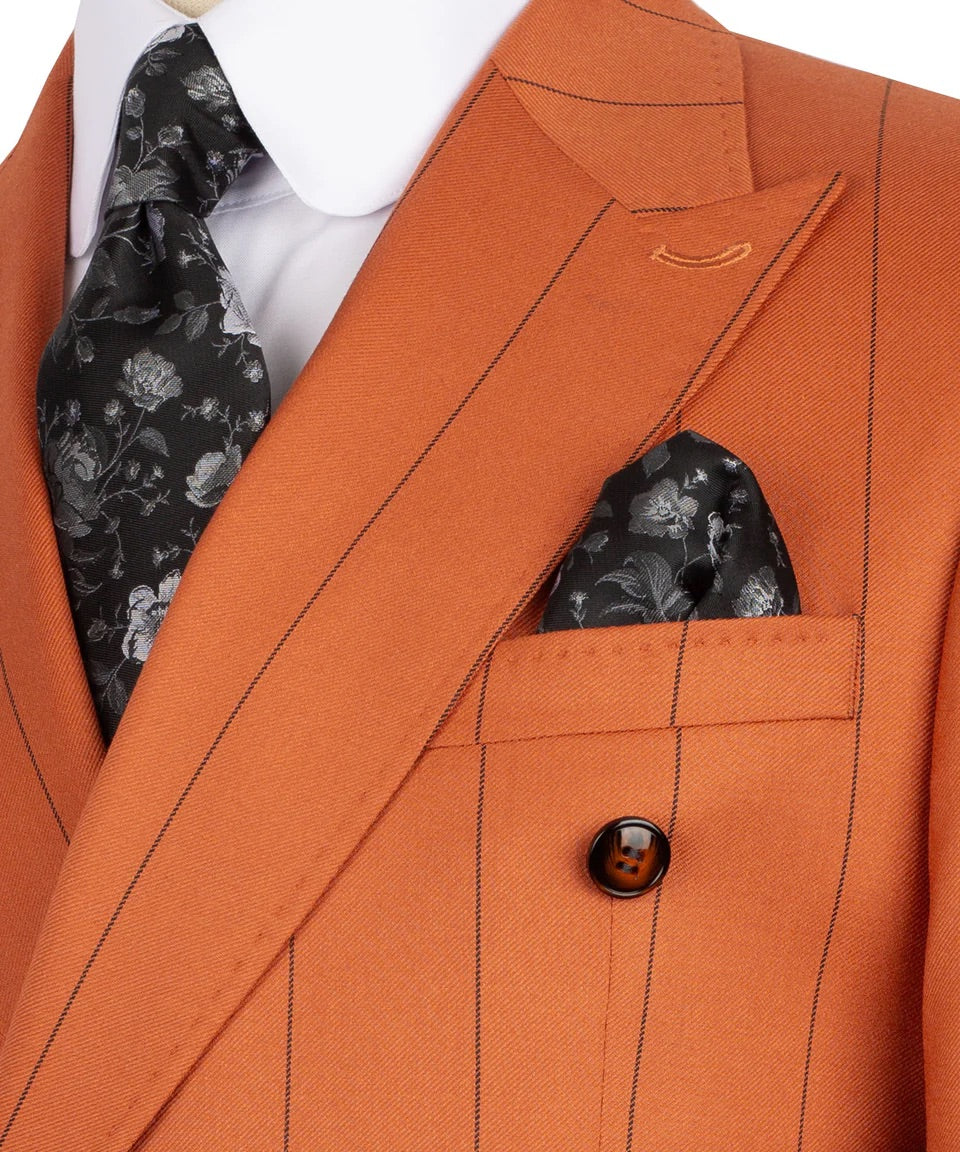 Luxury men's orange double-breasted pinstripe suit with matching trousers, premium craftsmanship, and an elegant formal design.
