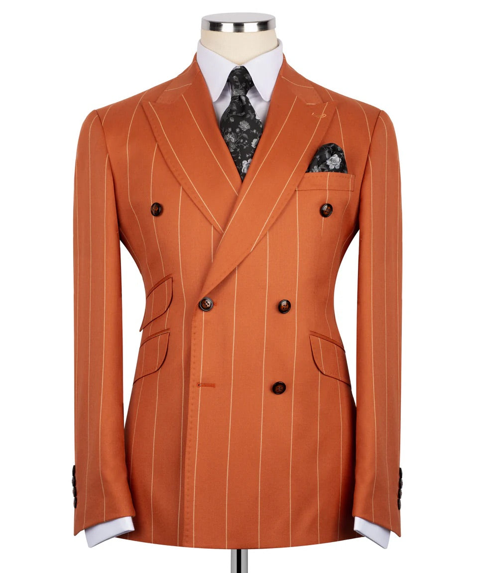 Luxury men's orange double-breasted pinstripe suit with matching trousers, premium craftsmanship, and an elegant formal design.