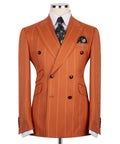 Luxury men's orange double-breasted pinstripe suit with matching trousers, premium craftsmanship, and an elegant formal design.