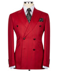 Luxury men's red double-breasted pinstripe suit with matching trousers, premium craftsmanship, and an elegant formal design.