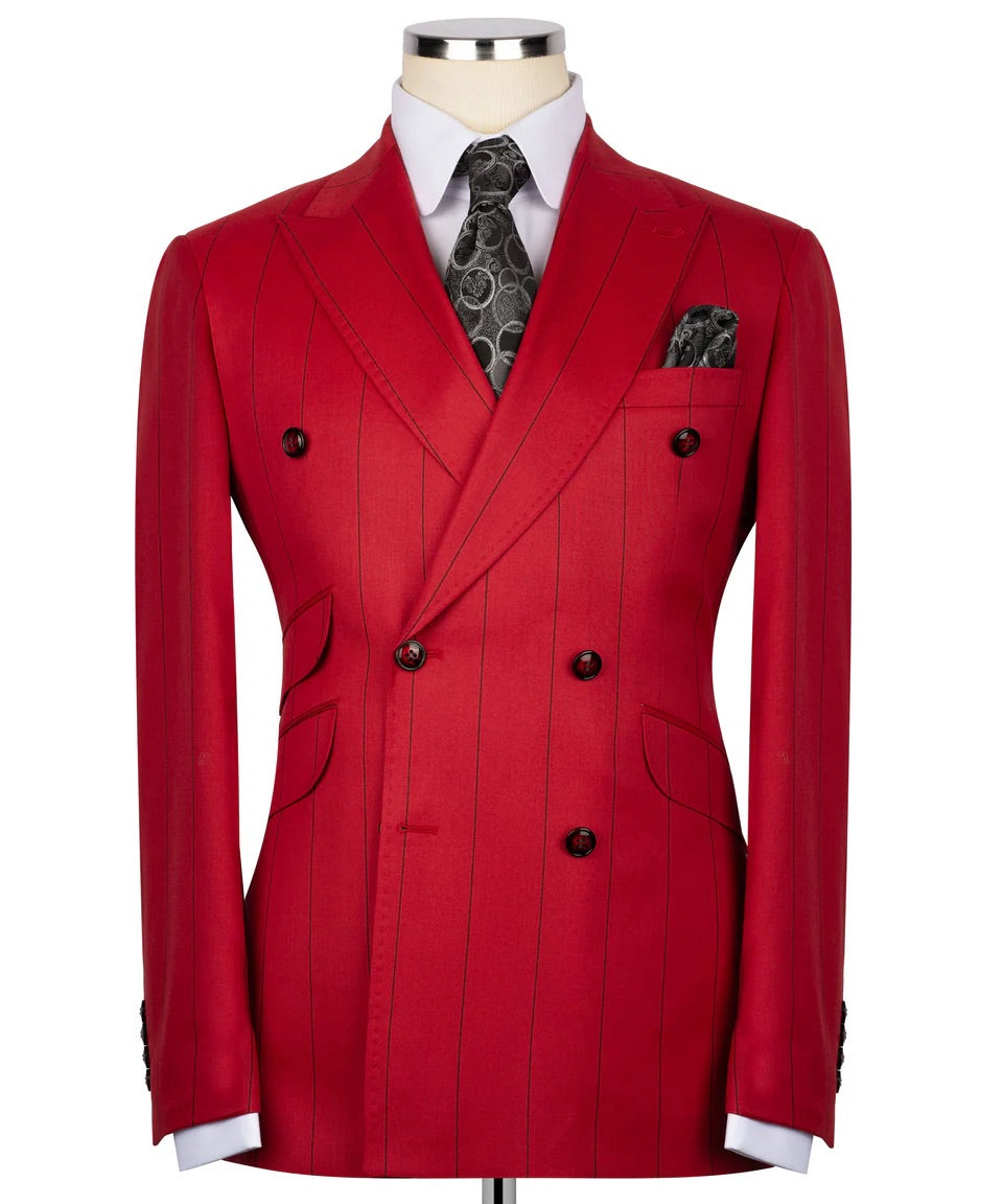 Luxury men's red double-breasted pinstripe suit with matching trousers, premium craftsmanship, and an elegant formal design.
