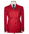 Luxury men's red double-breasted pinstripe suit with matching trousers, premium craftsmanship, and an elegant formal design.