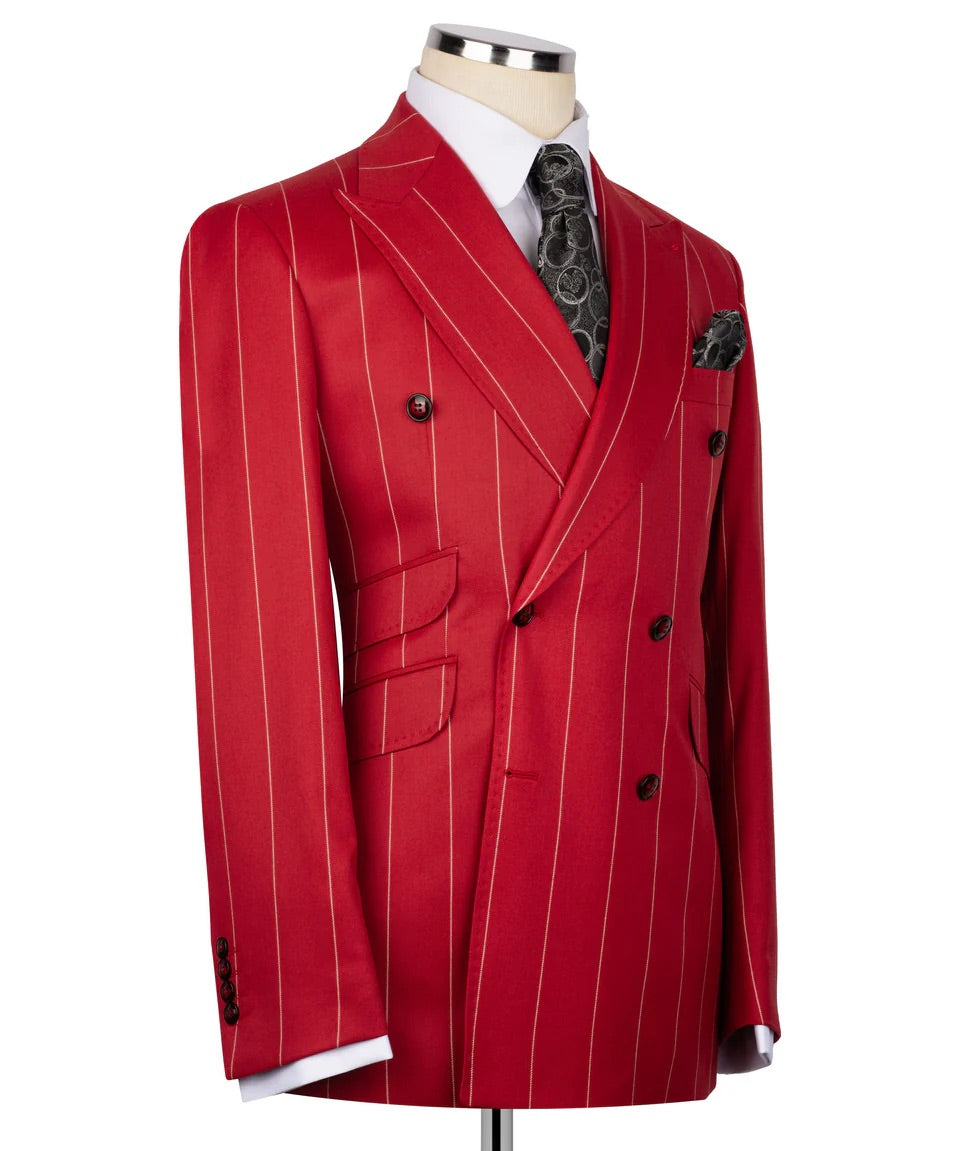 Men's Double-Breasted Pinstripe Suit-Red