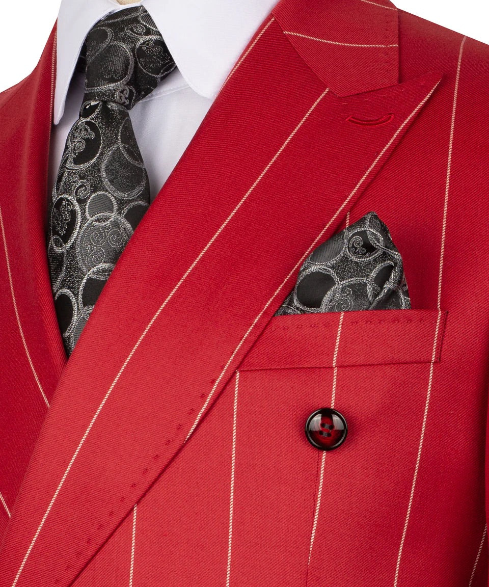 Men's Double-Breasted Pinstripe Suit-Red