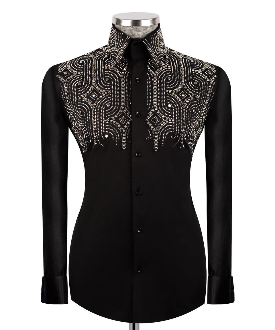 Luxury men's hand-beaded formal dress shirt featuring intricate decorative embellishments and premium tailored craftsmanship.