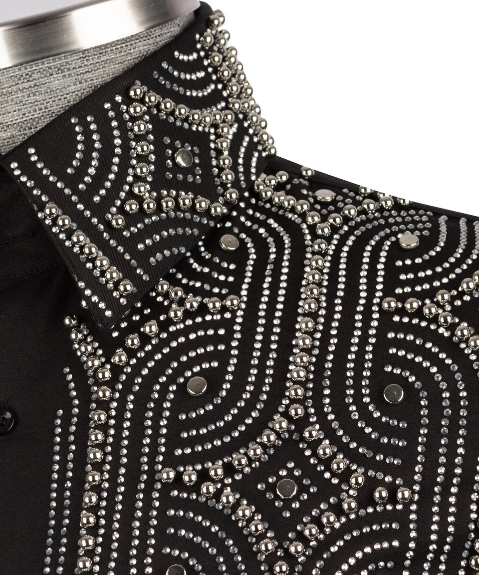 men's hand-beaded black and silver formal dress shirt featuring intricate decorative embellishments and premium tailored craftsmanship.